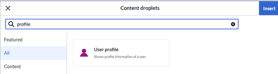 content droplet menu with User profile droplet shown