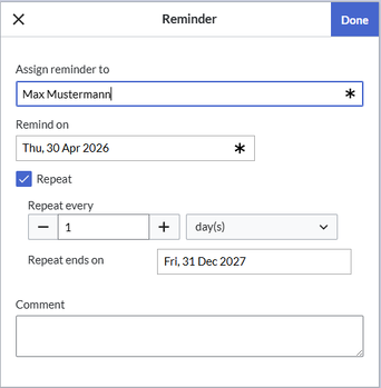 Reminder dialog with an example reminder data for Max Mustermann