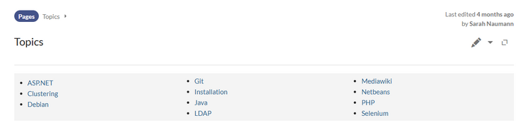 A topics page that shows its subpages as a list in the header section of the page.