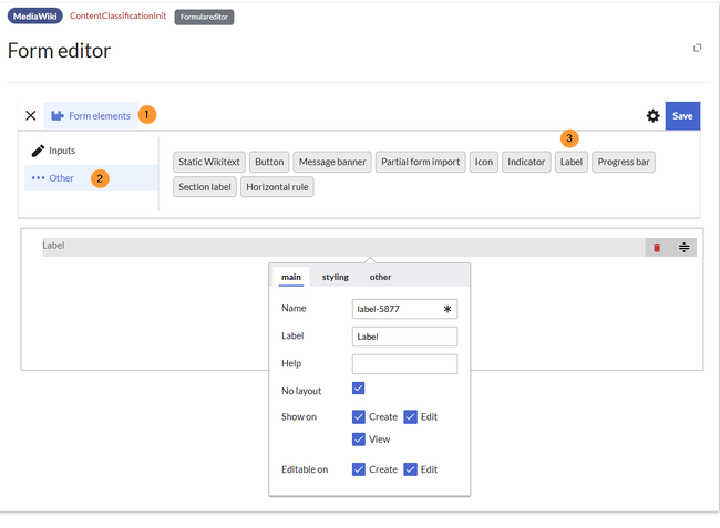 first label element with its inspector window open