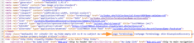 Part of the page source with highlighted page name in the body tag