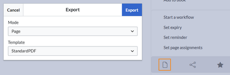dialog with dropdown menus for selecting export mode and template