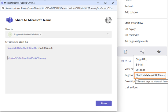 Activated link with open MS Teams chat share window.