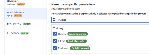 Training namespace with its selected roles for the Administrators group