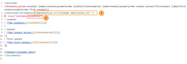 source view of the customer data template with the new class name added