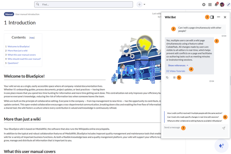Introduction page of the BlueSpice user manual with an open chat window.