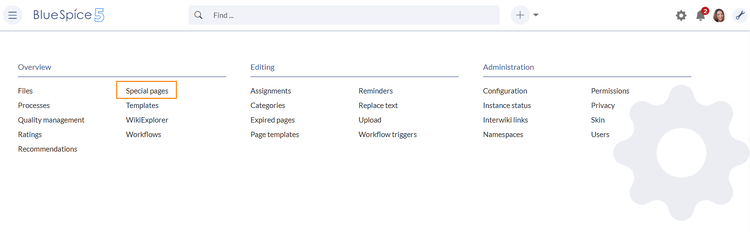 Global actions menu with highlighted link to the Special pages.