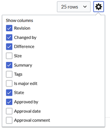 Last rows of the version history with the column menu open