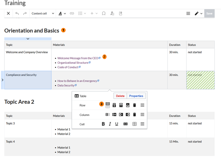 Template “Training” in visual editing mode