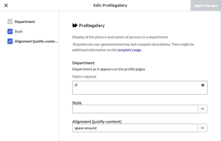 TemplateData dialog for the template with example department